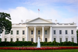 [ai] The White House, a historic building in Washington, D.C., featuring its iconic white faÃ§ade, columns, and lush green gardens with a fountain in the foreground and red flower beds.